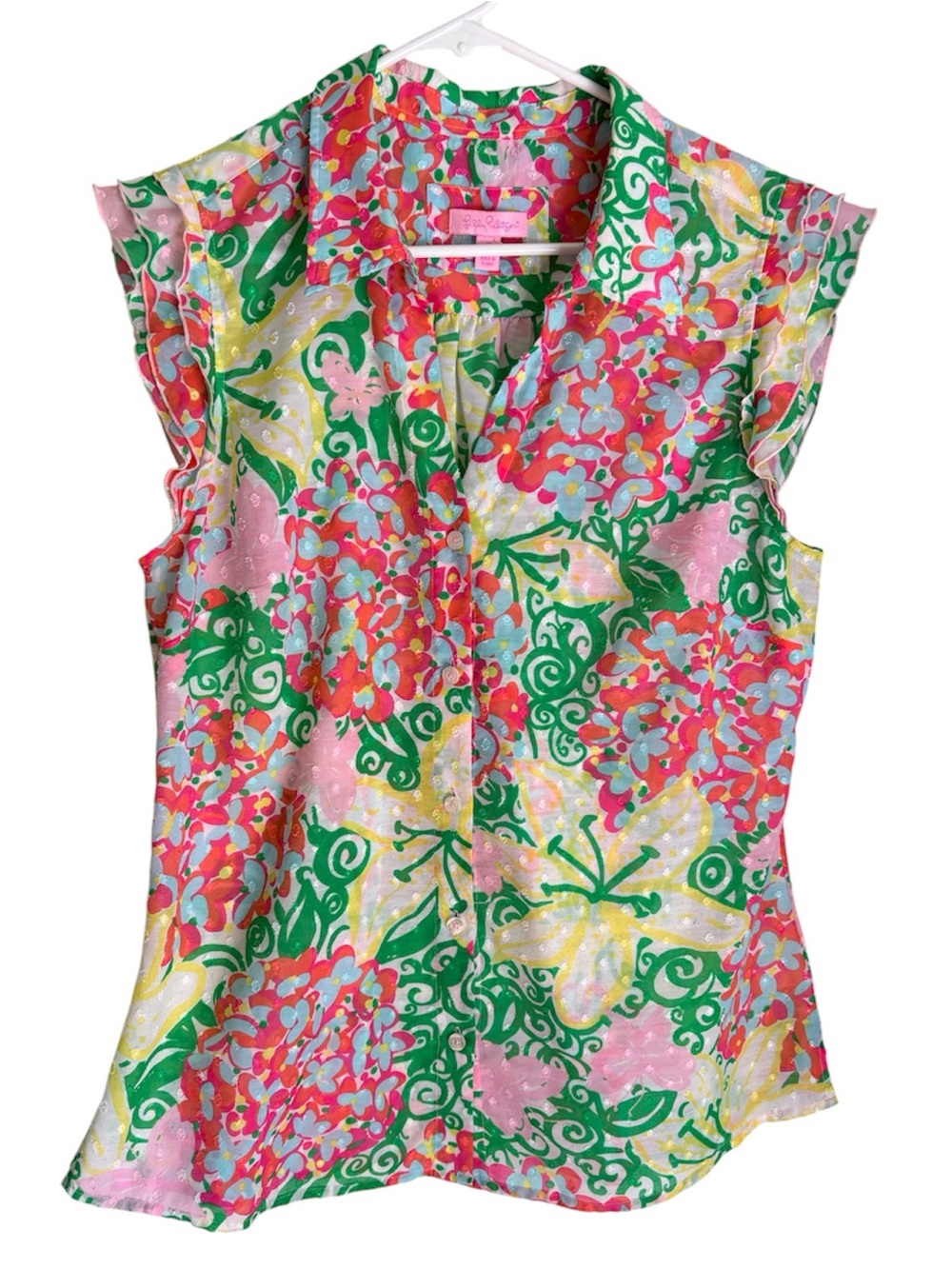 Lilly Pulitzer Coastal Dust Mariposa Ruffle Sleeve Button Down Top Size 12